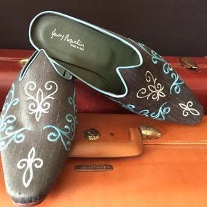 New HENRY BEGUELIN Green Silk Mules Shoes 6.5